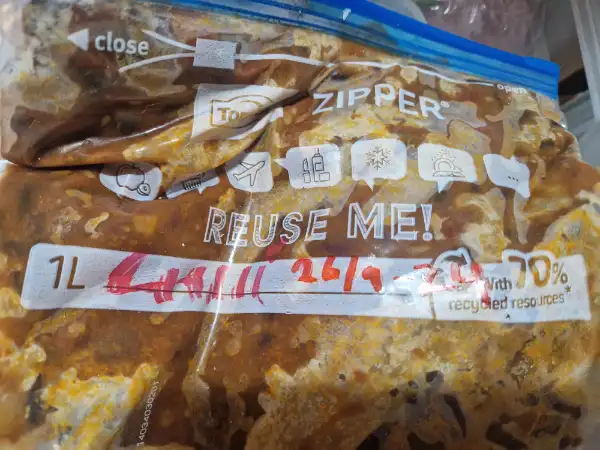 a zip lock bag with frozen chili